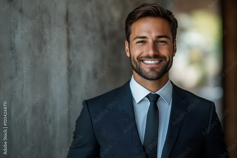 Smiling Businessman in Stylish Suit, Approachable and Energetic Smiling Businessman in Stylish Suit, Approachable and Energetic
