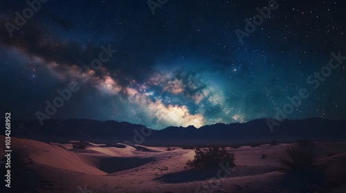 Lanscape view of the desert with stars and milky way galaxy over the night sky. 