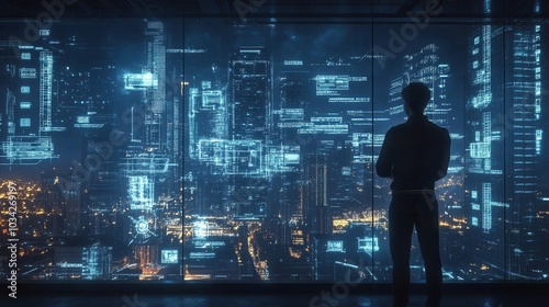 Silhouette of a person standing before a futuristic digital cityscape with glowing data and skyscrapers at night.