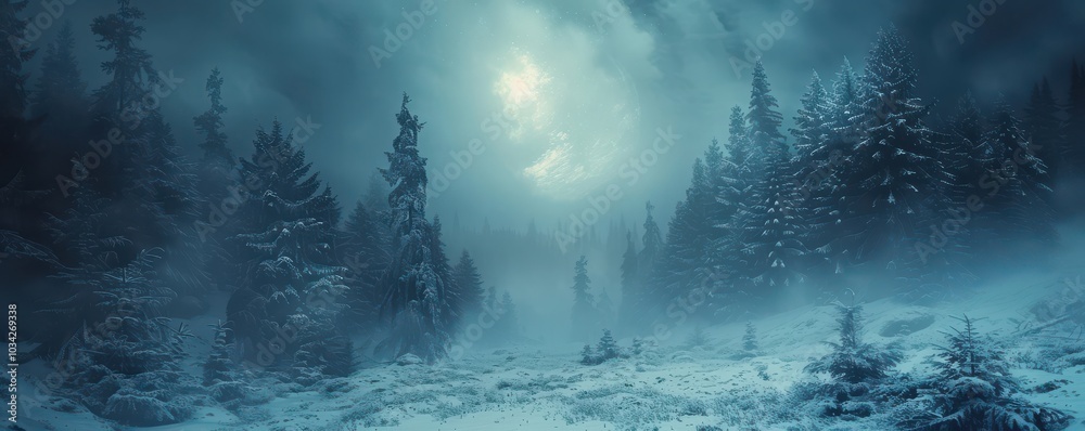 Mystical winter wonderland with dense pine trees and snow-covered ground enveloped in thick fog, creating an ethereal atmosphere. Free copy space for text. Mystical winter wonderland with dense pine trees and snow-covered ground enveloped in thick fog, creating an ethereal atmosphere. Free copy space for text.