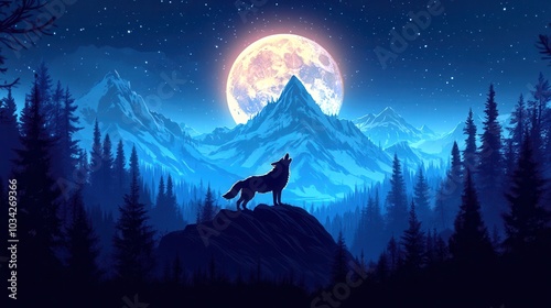 Silhouette of a wolf howling at the full moon with a majestic mountain range backdrop under a starry night sky, evoking mystery and wilderness. photo