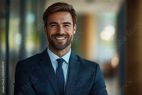 Smiling Businessman in Suit and Tie Portrait, Office Background