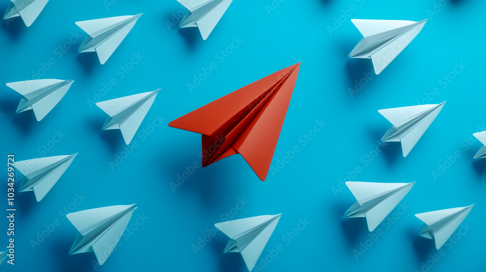 A red paper plane leading white ones against a blue background. A red paper plane leading white ones against a blue background.