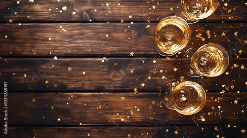 New Year's Eve party decor with champagne glasses and gold confetti on sleek wooden background photo