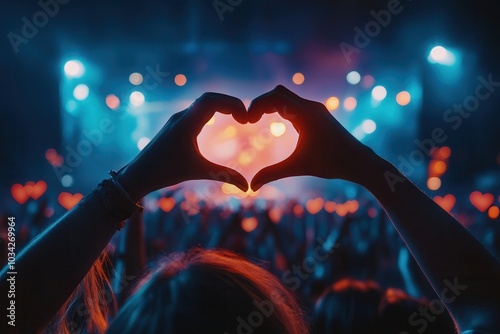 Silhouetted hands form a heart shape at a vibrant concert, capturing the essence of live music and connection under dazzling stage lights. photo