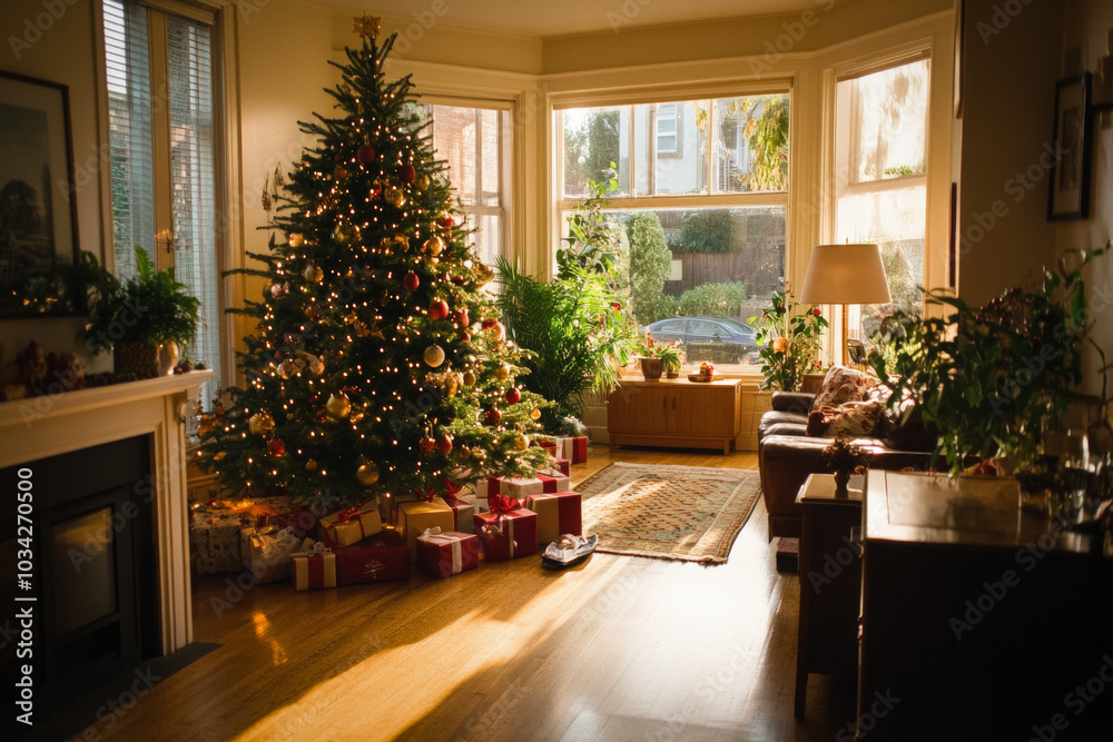 Fototapeta premium Family Gathered Around A Beautifully Decorated Christmas Tree, With Gifts Opened And Wrapping Paper Scattered On The Floor, Radiating Warmth And Joy