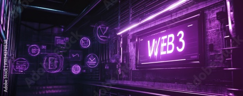 Neon sign, "WEB3", futuristic, purple, glowing.