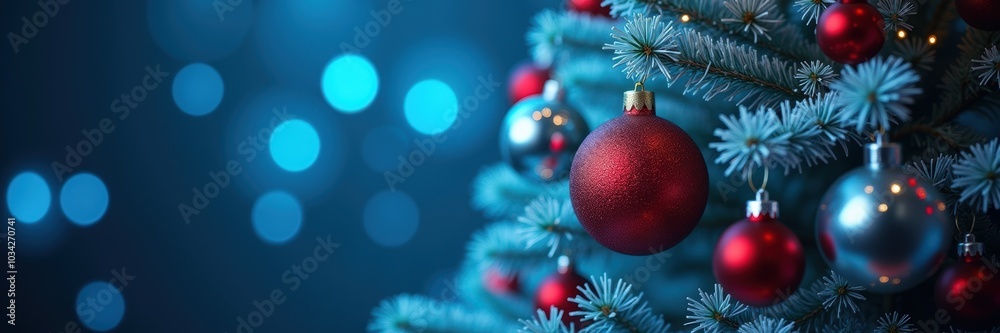 A close-up of a beautifully decorated Christmas tree, featuring sparkling ornaments and soft blue bokeh lights, perfect for holiday-themed projects and marketing. A close-up of a beautifully decorated Christmas tree, featuring sparkling ornaments and soft blue bokeh lights, perfect for holiday-themed projects and marketing.