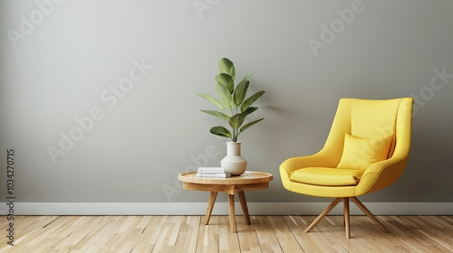 Yellow chair and wooden table in modern interior --no text and people, human --chaos 10 --ar 16:9 Job ID: bba24f93-0988-4752-87c6-5b73fcda1901 photo