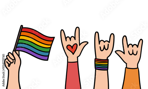 Hand-Drawn Illustration of Four Raised Hands Expressing LGBTQ+ Pride and Support