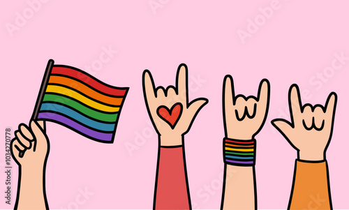 Hand-Drawn Illustration of Four Raised Hands Expressing LGBTQ+ Pride and Support