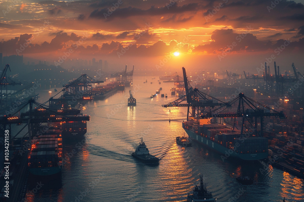 Sunset over Container Cranes in Harbor Sunset over Container Cranes in Harbor