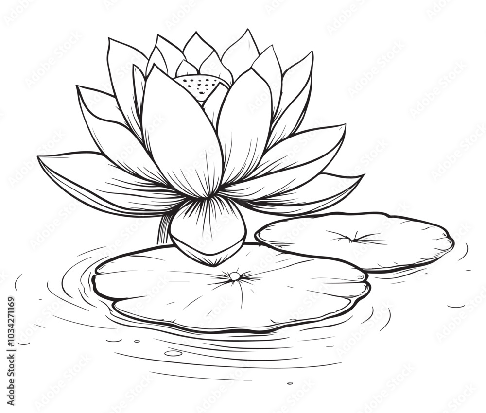 Fototapeta premium Lotus flower vector. Outline of a beautiful flower. Cartoon lotus flower, 