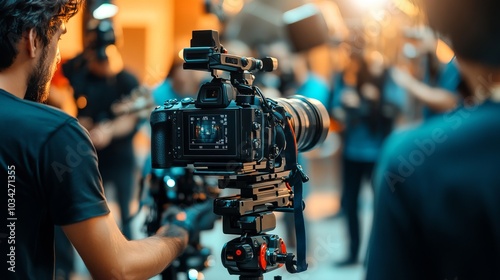 Filmmaker Crew with Professional Cinema Equipment and Video Camera on Set: Modern Filming Techniques for Commercial Content and Advertising Production