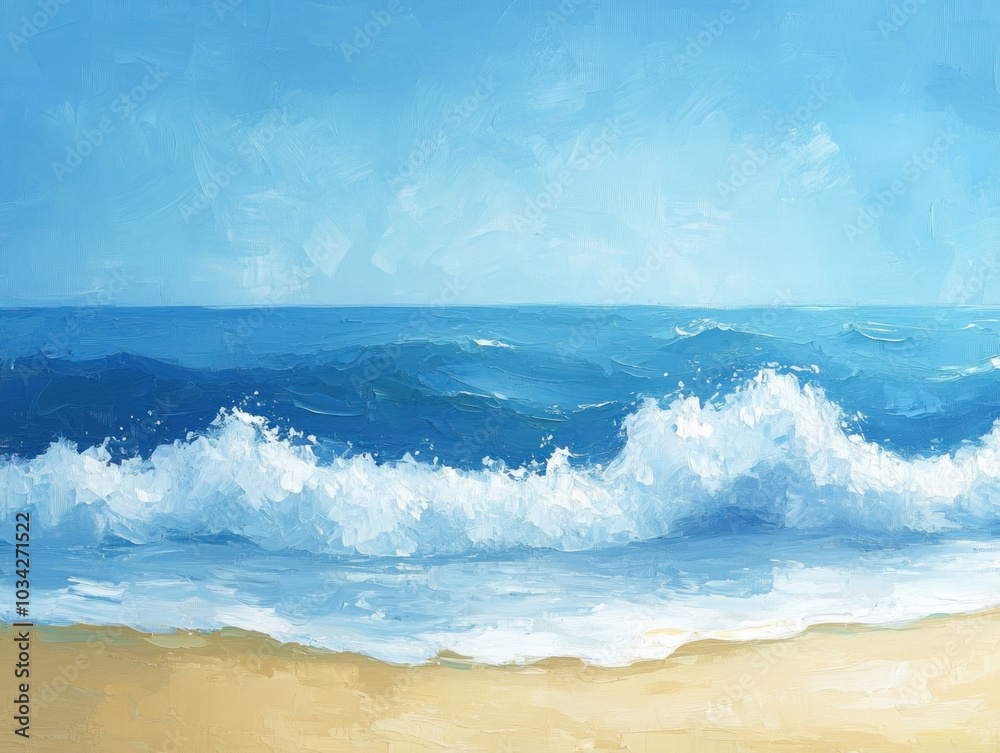 Fototapeta premium Horizontal View Of Gentle Waves Rolling Onto A Sandy Beach, Painted In Shades Of Blue That Transition From Cobalt To Azure, Ideal For A Relaxed Coastal Theme