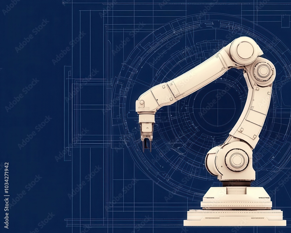 Naklejka premium Intricate blueprint of an industrial robot assembly line, precision engineering with AIdriven systems, robotics, automated manufacturing