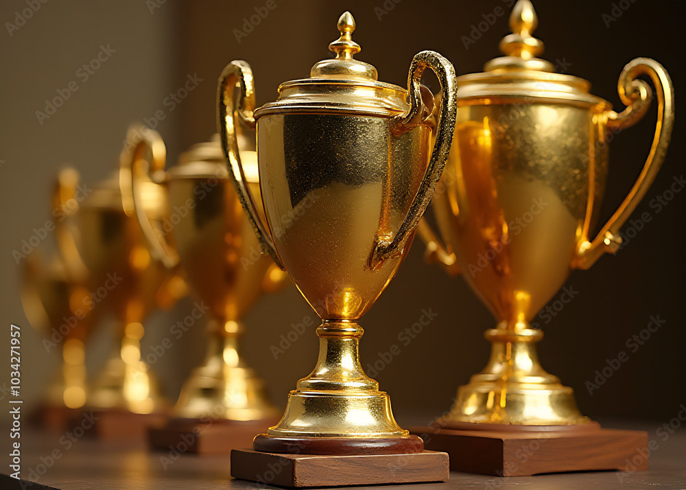 Fototapeta premium Golden trophies symbolize success and overcoming challenges in contemporary art and business achievements.