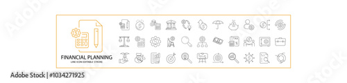 Financial Planning Icons in Line Style. Containing finance, management, business, strategy, money, growth, etc. Icon Set. Vector Illustration. Editable Stroke.