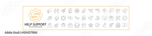 Help And Support Icons In Line Style. Containing client, person, service, business, assistance, communication, chat, social, etc. Icon Set. Vector Illustration. Editable Stroke.