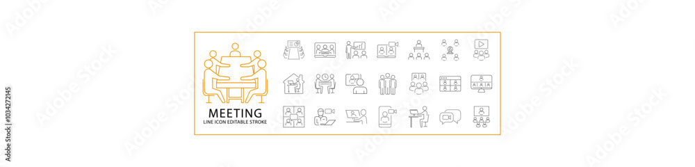 Meeting Icons. Set icon about meeting. line Icons related to meeting. Icon Set. Vector Illustration. Editable Stroke. Meeting Icons. Set icon about meeting. line Icons related to meeting. Icon Set. Vector Illustration. Editable Stroke.