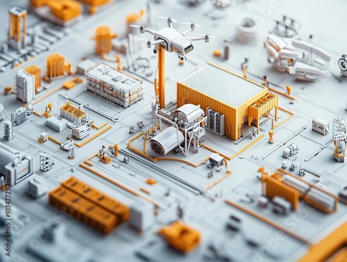 Blueprint of a futuristic warehouse with drone delivery systems, hyperdetailed, logistics technology, smart storage