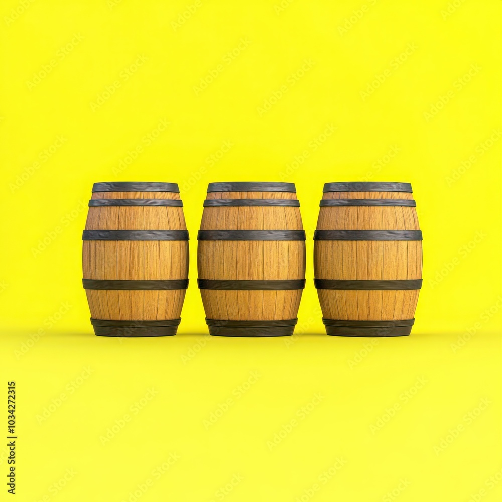 Row of Wooden Barrels on Yellow Tech Background Row of Wooden Barrels on Yellow Tech Background