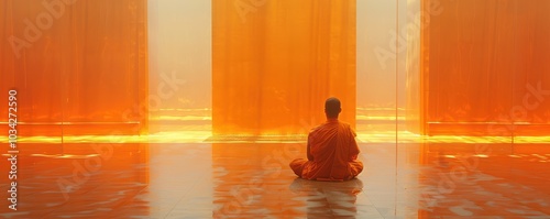 Young monk in traditional orange robes sitting in serene meditation by a vibrant wall, under a calm blue sky. Free copy space for text. photo