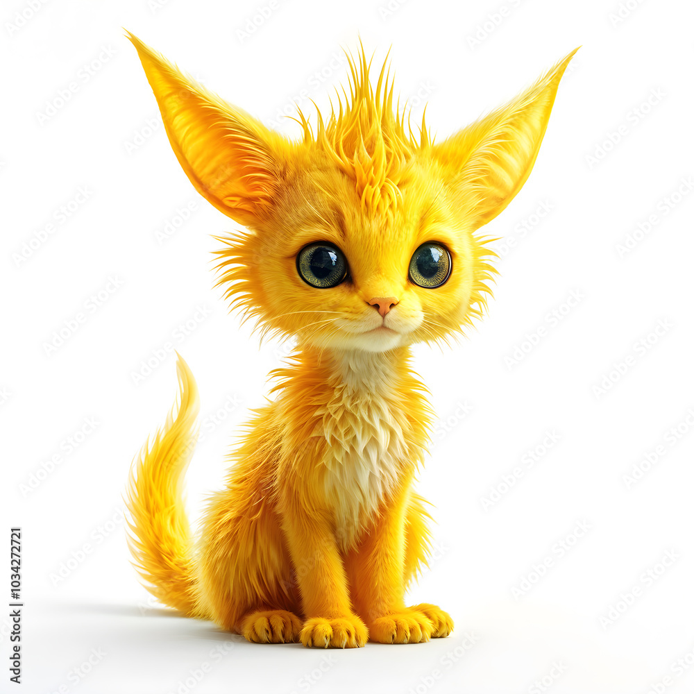 A fabulous mythical character in the form of a cute yellow cat with big ears on a white background A fabulous mythical character in the form of a cute yellow cat with big ears on a white background