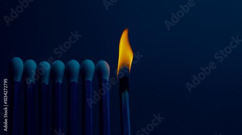 A row of ten dark blue matches on the left, with one burning match in the center emitting flames.