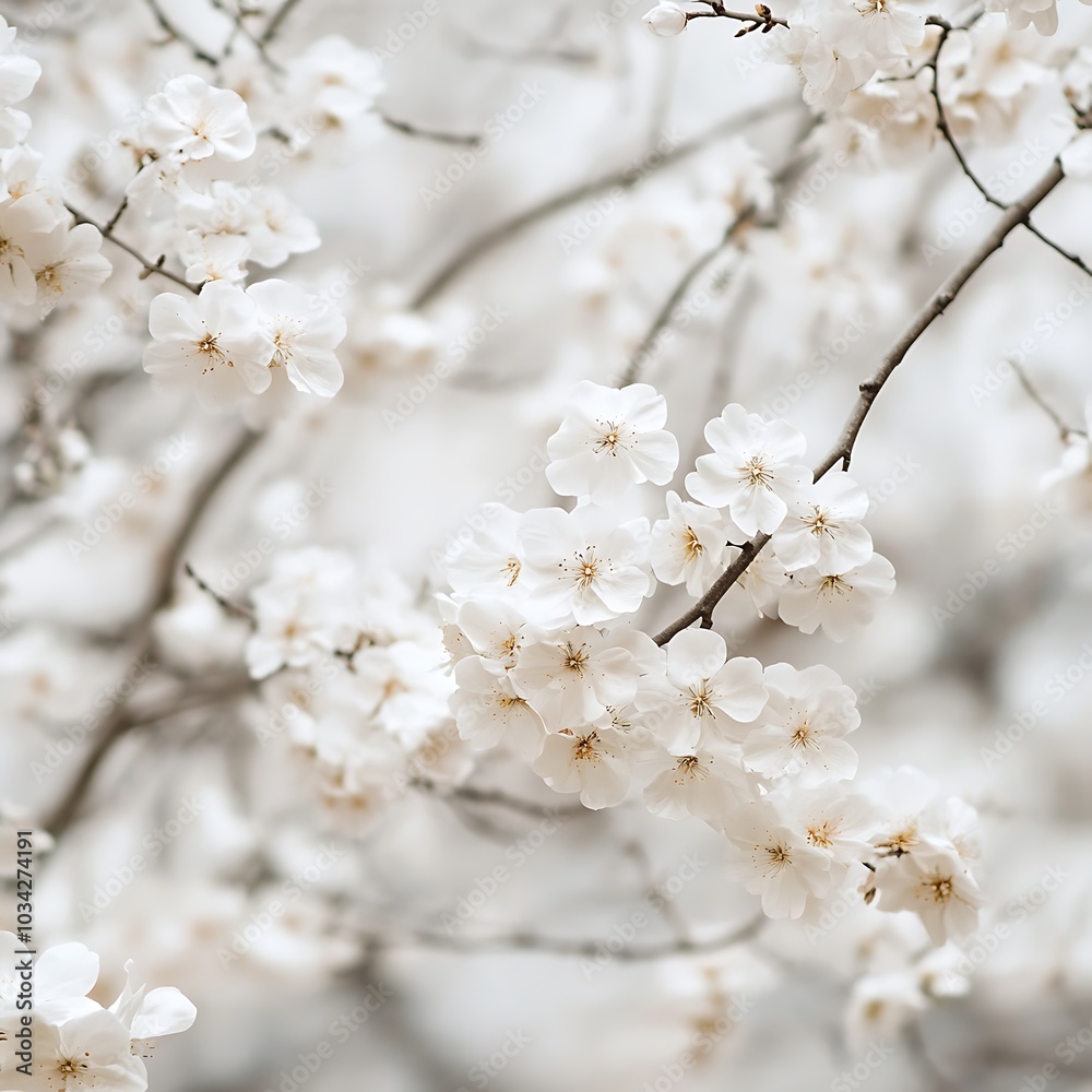 A close-up of delicate white flowers on branches, creating a serene and peaceful atmosphere. A close-up of delicate white flowers on branches, creating a serene and peaceful atmosphere.