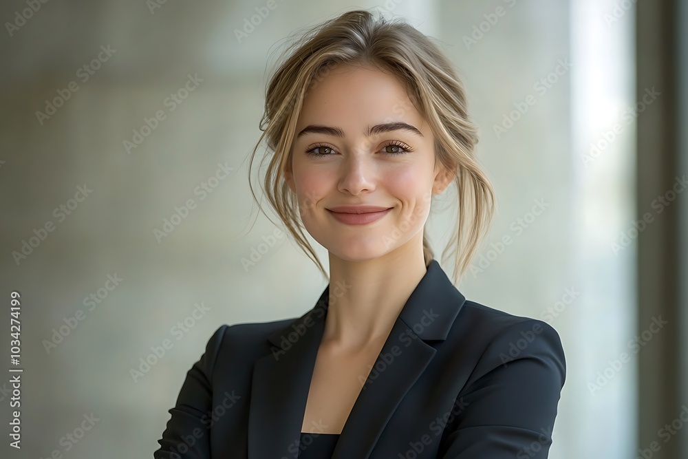Smiling Businesswoman in Black Blazer with Soft Eyes Smiling Businesswoman in Black Blazer with Soft Eyes