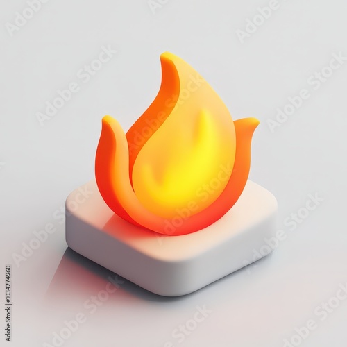 Stylized flame icon design on a smooth white background, symbolizing warmth and energy. 3d model mobile application icons