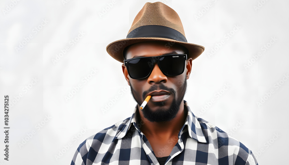 Serious African American male wearing stylish checkered shirt sunglasses and hat smoking cigarette isolated with white highlights, png