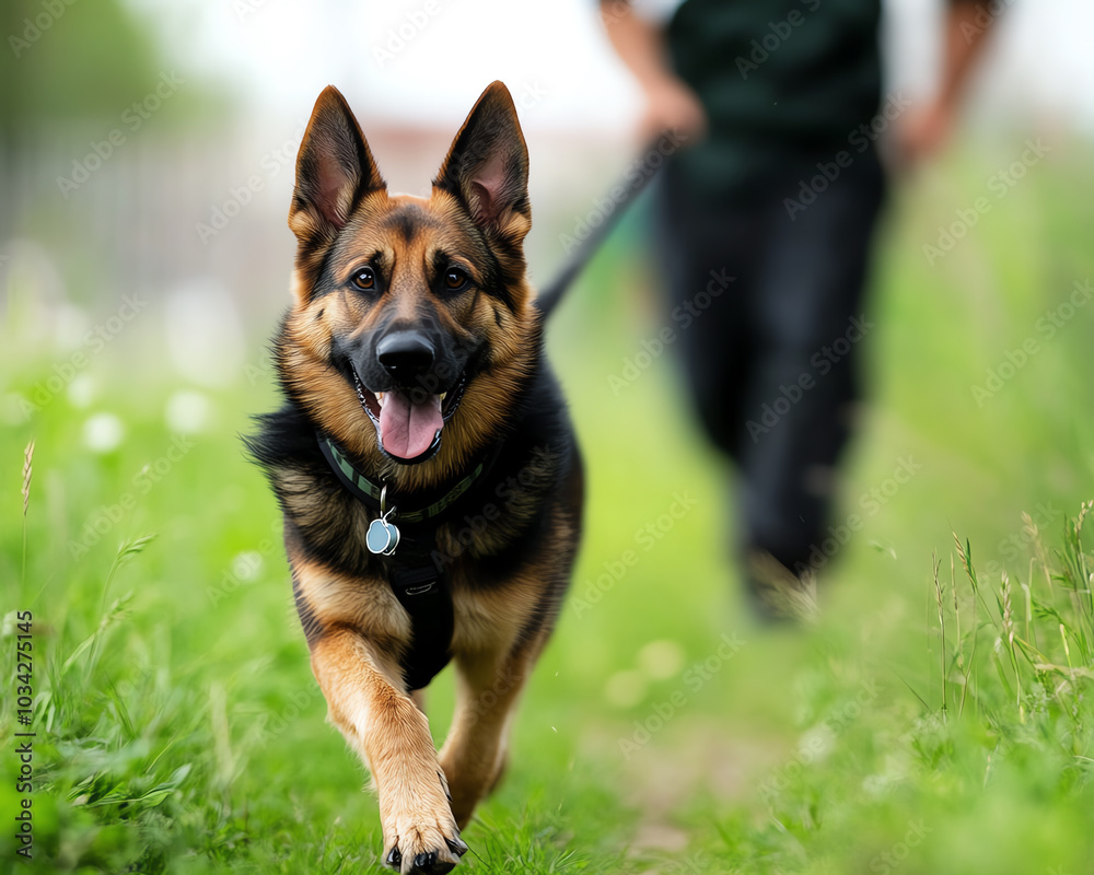 A joyful german shepherd running down a lush green path with its owner enjoying a beautiful day outdoors together A joyful german shepherd running down a lush green path with its owner enjoying a beautiful day outdoors together