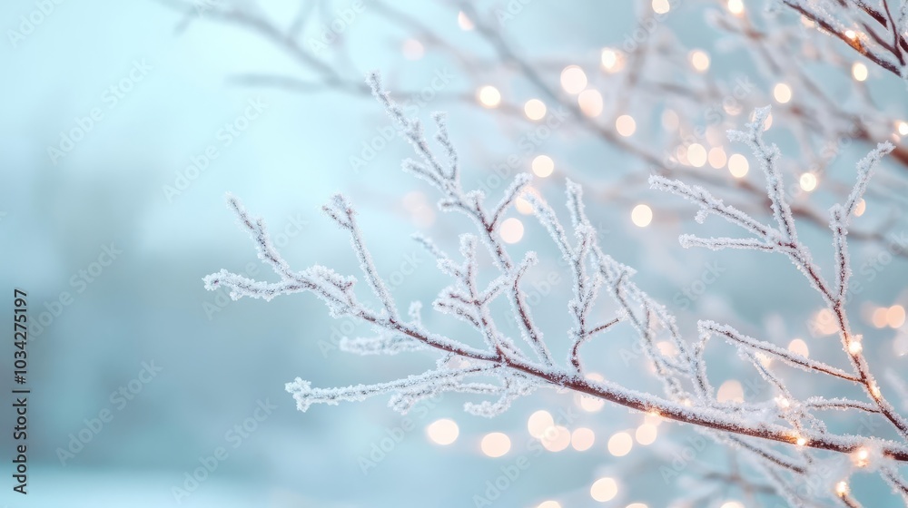 Frost-covered tree branches with icy sparkle lights, cold tones, serene winter holiday feel Frost-covered tree branches with icy sparkle lights, cold tones, serene winter holiday feel