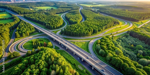 Aerial View of Highway Intersection Surrounded by Lush Green Forest
