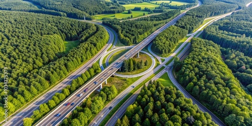 Aerial View of Highway Intersection in Forest