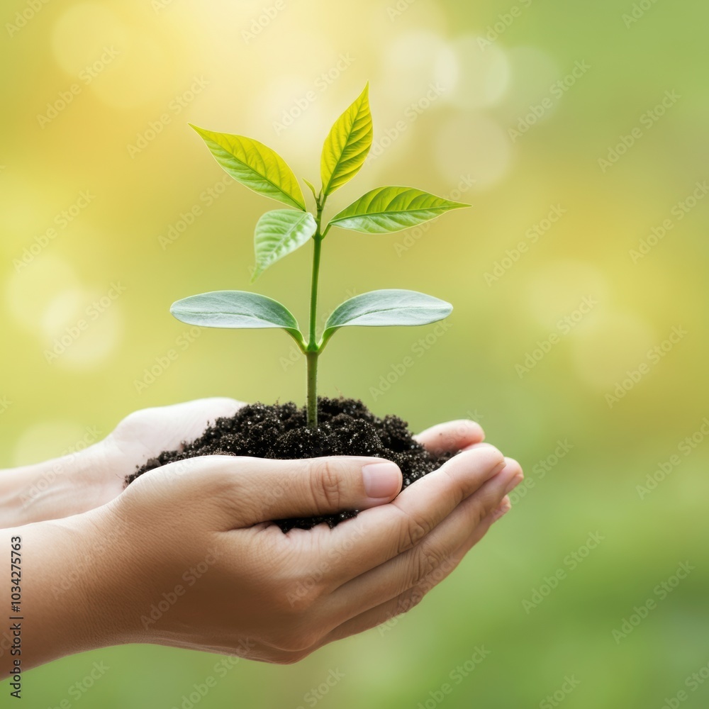 Hands Holding Small Green Plant Sprout With Soil Hands Holding Small Green Plant Sprout With Soil