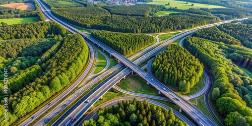 Aerial View of a Highway Interchange Surrounded by Lush Greenery
