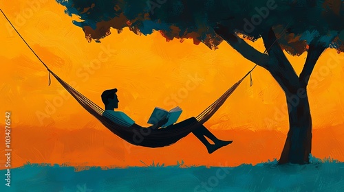 Silhouette of a man relaxing in a hammock under a tree at sunset, reading a book, creating a serene and peaceful atmosphere.