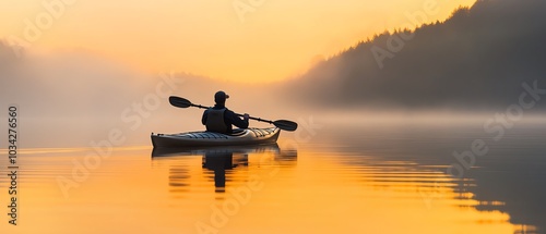 Silhouette of a kayaker gliding through calm waters at sunrise, surrounded by misty hills, creating a serene and tranquil scene.