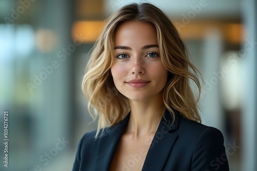 Smiling Businesswoman in Modern Office Setting, Natural Lighting