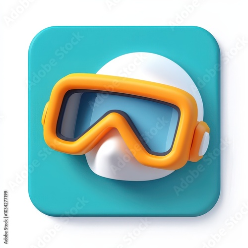 Stylized illustration of a head wearing orange goggles on a vibrant blue background. 3d model mobile application icons