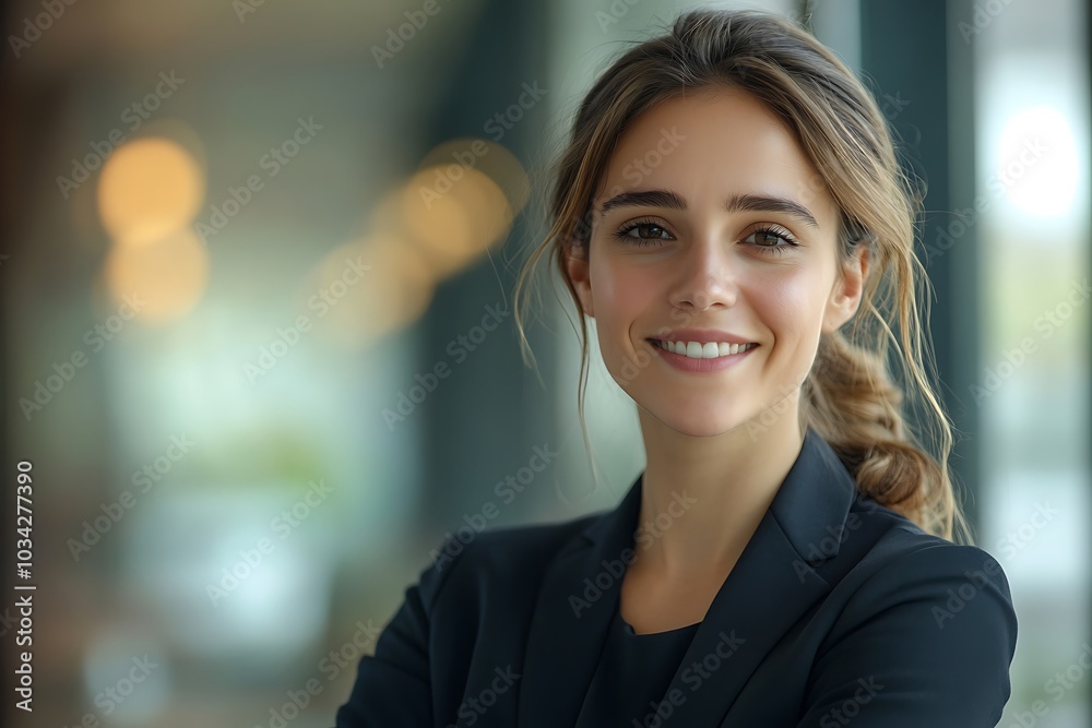 Smiling Businesswoman in Office Setting with Blurry Background