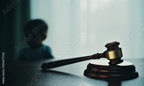 Close-Up of a Judge’s Hammer with a Blurred Child in the Background Representing Child Custody Case