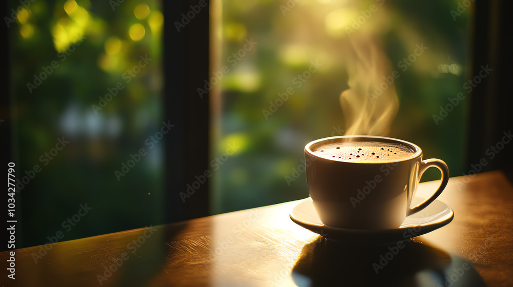 Fototapeta premium A serene morning moment enjoying a freshly brewed cup of coffee with steam rising in a cozy setting surrounded by nature's beauty