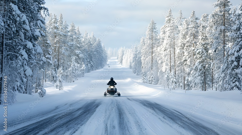 Winter Finnish snowy lanscape with road and snowmobile. Winter Finnish snowy lanscape with road and snowmobile.