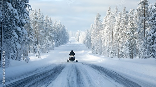 Winter Finnish snowy lanscape with road and snowmobile. 