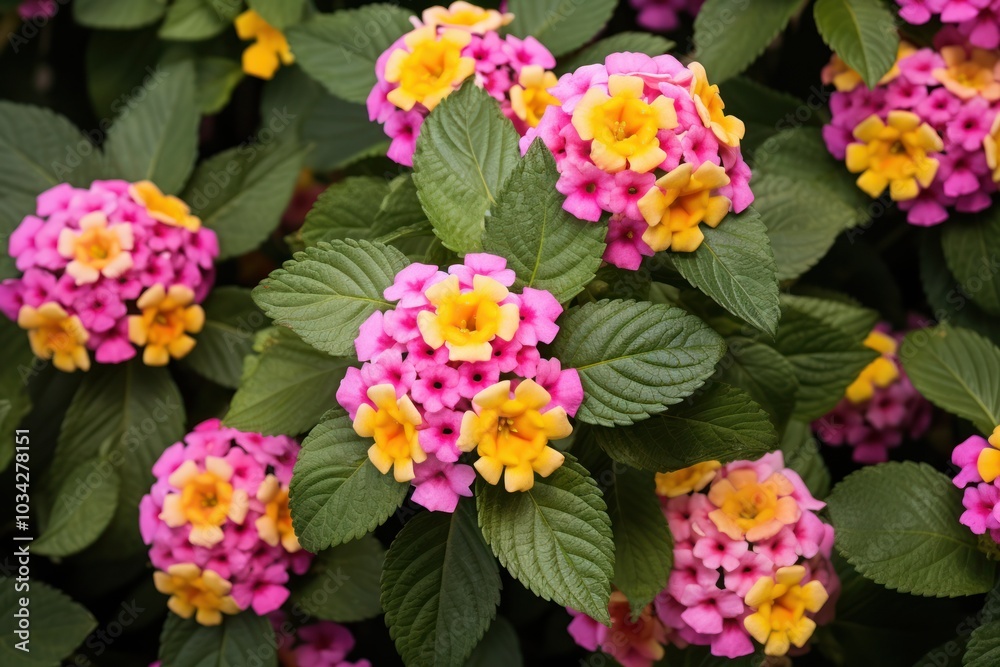 Detailed view of a pink and yellow lantana bush, showcasing the vibrant floral display and rich green foliage against a stark white background Detailed view of a pink and yellow lantana bush, showcasing the vibrant floral display and rich green foliage against a stark white background