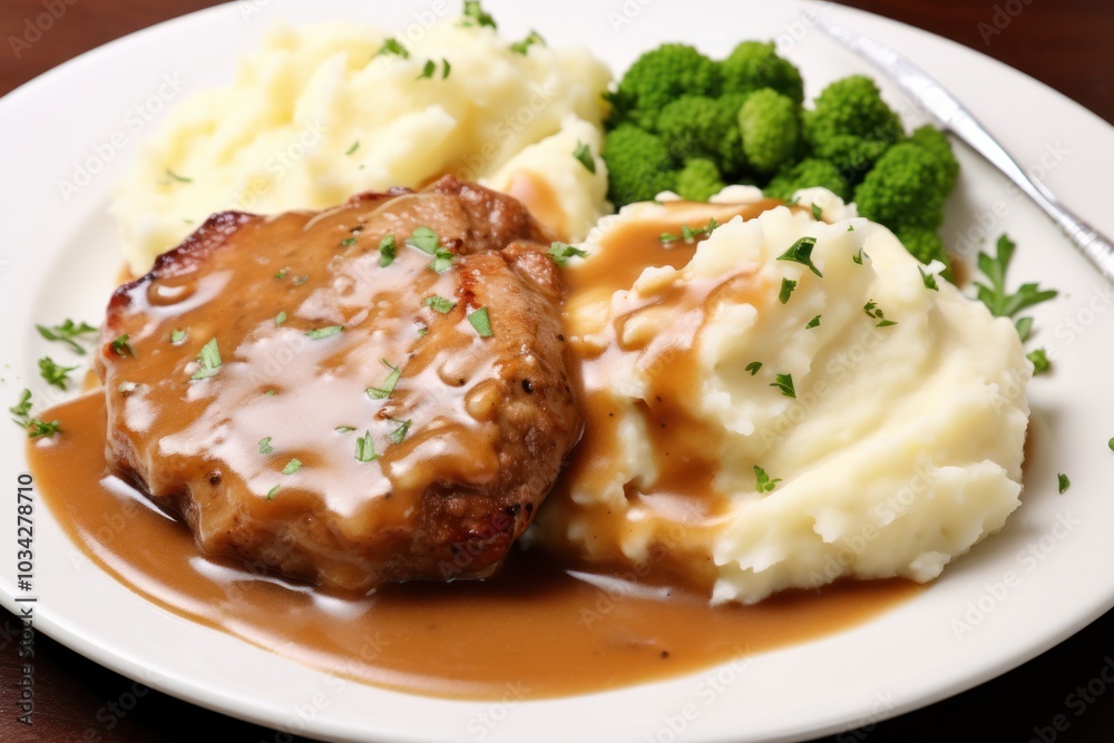 Hearty pork chops covered in thick gravy, arranged on a pristine white surface with a side of mashed potatoes Hearty pork chops covered in thick gravy, arranged on a pristine white surface with a side of mashed potatoes